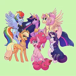 Size: 1980x1980 | Tagged: safe, artist:riocin765, derpibooru import, applejack, fluttershy, pinkie pie, princess twilight 2.0, rainbow dash, rarity, twilight sparkle, twilight sparkle (alicorn), alicorn, earth pony, pegasus, pony, unicorn, the last problem, applejack's hat, candy, chest fluff, clothes, cowboy hat, crown, cutie mark, female, food, hat, hoof shoes, jacket, jewelry, looking at you, mane six, mare, neckerchief, older, older applejack, older fluttershy, older pinkie pie, older rainbow dash, older rarity, open mouth, peytral, raised hoof, regalia, robe, sitting, smiling, spread wings, teddy bear, wings