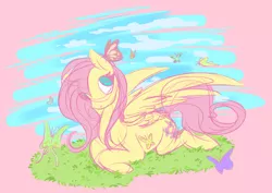 Size: 1136x804 | Tagged: safe, artist:sakuraglimertamura, derpibooru import, fluttershy, butterfly, pegasus, pony, cute, female, looking at something, looking up, mare, outdoors, partial background, prone, shyabetes, sky, solo, spread wings, three quarter view, wings