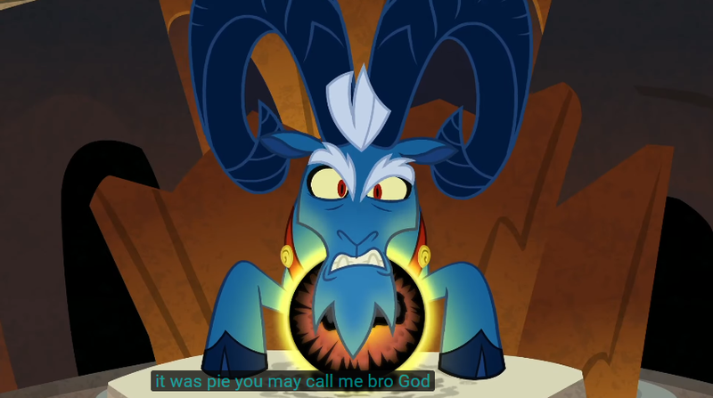 Size: 851x476 | Tagged: bro god, caption, cloven hooves, colored hooves, crystal ball, derpibooru import, edit, edited screencap, evil lair, goat, grogar, grogar's lair, grogar's orb, lair, male, meme, ram, safe, screencap, sheep, solo, the beginning of the end, youtube caption