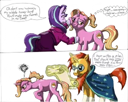 Size: 2987x2388 | Tagged: safe, artist:edhelistar, derpibooru import, luster dawn, starlight glimmer, sunburst, pony, unicorn, the last problem, 2 panel comic, angry, aside glance, clothes, comic, cross-popping veins, dialogue, dialogue balloon, father and child, father and daughter, fathers gonna father, female, floppy ears, fourth wall, glasses, headcanon, headmare starlight, here we go again, high res, history repeats itself, lidded eyes, like father like daughter, like mother like daughter, like mother like son, looking at you, luster dawn is not amused, magic, male, mare, mixed media, mother and child, mother and daughter, mothers gonna mother, older, older starlight glimmer, older sunburst, robe, runs in the family, scroll, shipping, sideways glance, simple background, socks (coat marking), stallion, starburst, straight, suit, sunburst the bearded, sunburst's glasses, sunburst's robe, telekinesis, thought bubble, transparent background, unamused, walking away