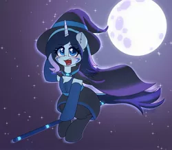Size: 2319x2025 | Tagged: safe, artist:puetsua, derpibooru import, oc, oc:stardust stellar, unofficial characters only, pony, unicorn, broom, clothes, costume, female, flying, flying broomstick, full moon, halloween, halloween costume, hat, holiday, looking at you, mare, moon, night, open mouth, solo, stars, witch, witch hat