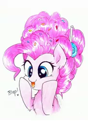 Size: 2274x3126 | Tagged: safe, artist:liaaqila, derpibooru import, pinkie pie, earth pony, pony, the last problem, candy, chest fluff, confetti, cute, diapinkes, ear fluff, female, food, liaaqila is trying to murder us, lollipop, mare, older, older pinkie pie, simple background, smiling, solo, tongue out, traditional art, white background