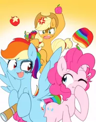 Size: 802x1024 | Tagged: safe, artist:akainu_pony, derpibooru import, applejack, pinkie pie, rainbow dash, earth pony, pegasus, pony, unicorn, griffon the brush off, angry, apple, female, food, mare, one eye closed, open mouth, prank, trio