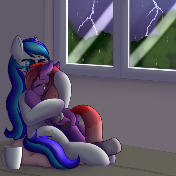 Size: 3000x3000 | Tagged: safe, artist:xcinnamon-twistx, derpibooru import, oc, oc:hooklined, oc:rosebud, earth pony, pegasus, pony, comforting, commission, crying, cuddling, cup, female, hug, long hair, mare, night, rain, thunder, thunderstorm