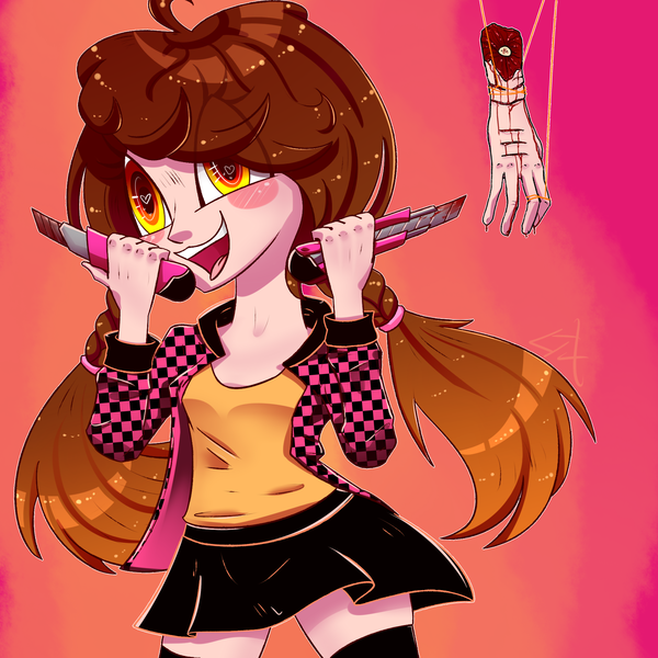 Size: 1861x1861 | Tagged: artist:lixthefork, blood, blushing, bone, clothes, cut, derpibooru import, hand, human, humanized, humanized oc, knife, miniskirt, oc, oc:lix, open mouth, pigtails, semi-grimdark, simple background, skirt, smiling, socks, thigh highs, twintails, unofficial characters only, zettai ryouiki