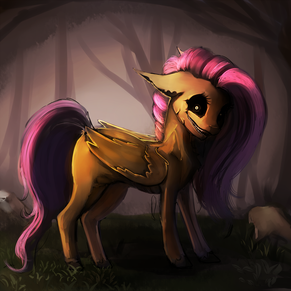 Size: 2000x2000 | Tagged: semi-grimdark, artist:miokomata, derpibooru import, fluttershy, pegasus, pony, black sclera, cracked, creepy, creepy smile, digital art, female, forest, grass, nightmare fuel, rock, slasher smile, smiling, solo