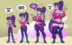 Size: 5604x3544 | Tagged: dead source, suggestive, artist:art-2u, derpibooru import, sci-twi, twilight sparkle, equestria girls, belly button, big breasts, bimbo, bimboification, boots, breast expansion, breasts, busty sci-twi, busty twilight sparkle, cleavage, clothes, curvy, female, geode of telekinesis, giantess, growth, hourglass figure, huge breasts, macro, magical geodes, missing accessory, ponytail, sequence, shoes, socks, spanish, spanish text, speech bubble, text, thick, thigh highs, thighlight sparkle, thighs, thunder thighs, translation request, wide hips
