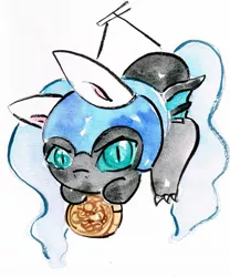 Size: 1600x1927 | Tagged: artist:mashiromiku, bunny ears, chibi, commission, cute, derpibooru import, food, mooncake, nightmare moon, ornament, safe, solo, traditional art, watercolor painting