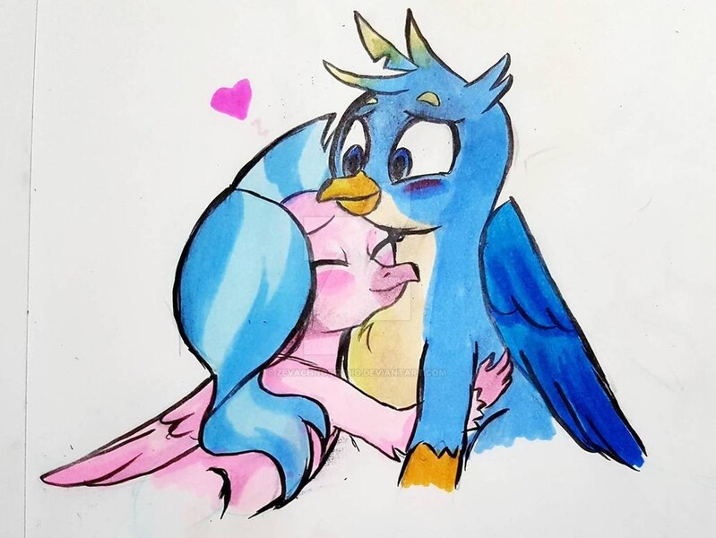 Size: 1031x774 | Tagged: safe, artist:zevachnostudio, derpibooru import, gallus, silverstream, gryphon, hippogriff, blushing, cute, deviantart watermark, diastreamies, eyes closed, female, gallabetes, gallstream, heart, hug, male, obtrusive watermark, shipping, simple background, straight, traditional art, watermark, white background