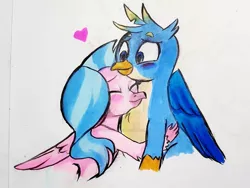 Size: 1031x774 | Tagged: safe, artist:zevachnostudio, derpibooru import, gallus, silverstream, gryphon, hippogriff, blushing, cute, deviantart watermark, diastreamies, eyes closed, female, gallabetes, gallstream, heart, hug, male, obtrusive watermark, shipping, simple background, straight, traditional art, watermark, white background