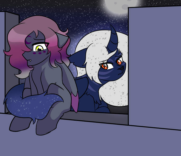 Size: 2036x1752 | Tagged: safe, artist:jolliapplegirl, derpibooru import, tantabus, oc, oc:desert moon, oc:incubus, unofficial characters only, alicorn, hybrid, original species, pegasus, pony, sphinx, brother and sister, colt, female, full moon, interspecies offspring, male, mare, moon, next generation, night, offspring, parent:oc:asra, parent:princess luna, parents:canon x oc, siblings, song, sphinx oc