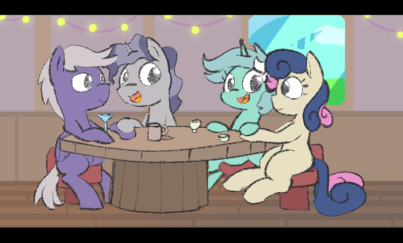 Size: 806x487 | Tagged: safe, artist:davierocket, derpibooru import, bon bon, lyra heartstrings, silver script, star bright, sweetie drops, earth pony, pegasus, pony, unicorn, chair, cocktail, cocktail glass, cup, double date, female, gay, holding hooves, lesbian, looking at each other, lyrabon, male, mare, missing cutie mark, mug, shipping, sitting, stallion, starscript, table, teacup