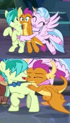 Size: 431x754 | Tagged: safe, derpibooru import, sandbar, silverstream, smolder, dragon, earth pony, hippogriff, pony, butt, cop a feel, dragoness, female, happy, laughing, male, shipping, shipping fuel, smiling, smolbar, straight