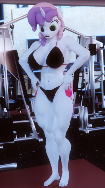Size: 2160x3840 | Tagged: 3d, absolute cleavage, anthro, armpits, artist:dashie116, bikini, breasts, busty sweetie belle, cleavage, clothes, derpibooru import, digital art, female, muscles, older, older sweetie belle, plantigrade anthro, solo, suggestive, sweetie barbell, sweetie belle, swimsuit