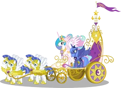 Size: 1000x730 | Tagged: safe, artist:kopachris, derpibooru import, princess celestia, princess luna, alicorn, pony, friendship is magic, armor, chariot, crown, female, flag, helmet, hoof shoes, jewelry, male, mare, regalia, royal guard, royal guard armor, royal sisters, s1 luna, siblings, simple background, sisters, smiling, spread wings, stallion, transparent background, vector, wings