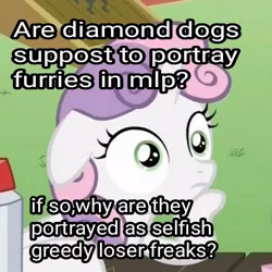 Size: 500x500 | Tagged: safe, derpibooru import, edit, edited screencap, screencap, sweetie belle, diamond dog, unicorn, ponyville confidential, caption, confused, cropped, exploitable meme, eyes open, female, filly, floppy ears, hoof on chin, image macro, meme, obligatory pony, sudden clarity sweetie belle, table, text