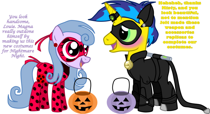 Size: 2997x1635 | Tagged: safe, artist:shadymeadow, derpibooru import, oc, oc:louie poisonsea, oc:misty prettyshell, unofficial characters only, earth pony, pony, unicorn, chat noir, clothes, costume, female, male, mare, miraculous ladybug, nightmare night costume, simple background, stallion, transparent background