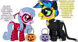 Size: 2997x1635 | Tagged: safe, artist:shadymeadow, derpibooru import, oc, oc:louie poisonsea, oc:misty prettyshell, unofficial characters only, earth pony, pony, unicorn, chat noir, clothes, costume, female, male, mare, miraculous ladybug, nightmare night costume, simple background, stallion, transparent background