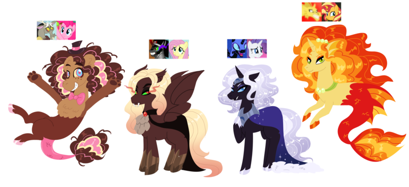 Size: 2860x1313 | Tagged: safe, artist:purfectprincessgirl, derpibooru import, oc, unofficial characters only, bat pony, draconequus, earth pony, pony, siren, unicorn, fangs, interspecies offspring, magical lesbian spawn, nightmare pony, offspring, parent:adagio dazzle, parent:discord, parent:fluttershy, parent:king sombra, parent:nightmare moon, parent:pinkie pie, parent:rarity, parent:sunset shimmer, parents:discopie, parents:nightrarity, parents:sombrashy, parents:sunsagio, simple background, sombra eyes, transparent background