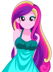 Size: 832x1128 | Tagged: safe, artist:rosemile mulberry, derpibooru import, princess cadance, equestria girls, adorasexy, breasts, cleavage, clothes, cute, cutedance, dean cadance, dress, hands behind back, looking at you, sexy, simple background, smiling, solo