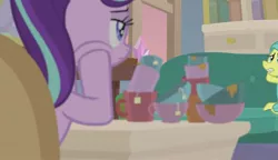 Size: 1369x790 | Tagged: safe, derpibooru import, screencap, ocellus, starlight glimmer, earth pony, pony, unicorn, student counsel, bowl, chocolate, desk, disguise, disguised changeling, female, food, guidance counselor, hot chocolate, mare, mug, pony ocellus, starlight's office, tea