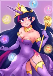 Size: 2480x3507 | Tagged: alicorn, artist:masterohyeah, breasts, busty twilight sparkle, cleavage, clothes, crown, curved horn, cutie mark, cutie mark earrings, cutie mark on human, derpibooru import, dress, earring, evening gloves, garter belt, garter straps, gloves, horn, horned humanization, human, humanized, jewelry, long gloves, necklace, panties, princess twilight 2.0, regalia, scepter, smiling, smirk, socks, solo, suggestive, the last problem, thigh highs, twilight scepter, twilight sparkle, twilight sparkle (alicorn), underwear