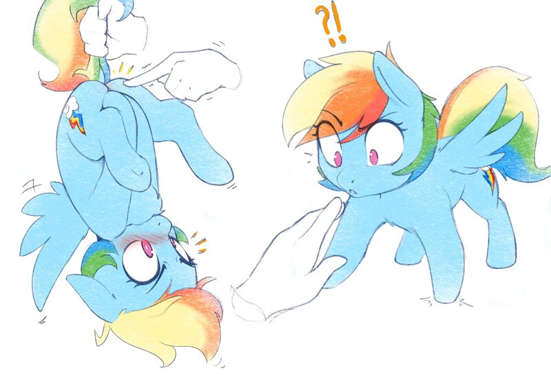 Size: 2048x1395 | Tagged: suggestive, artist:captainpudgemuffin, derpibooru import, rainbow dash, human, pegasus, pony, bad touch, blushing, butt boop, butt touch, chest fluff, covering, cute, dashabetes, disembodied hand, dock, exclamation point, eye clipping through hair, featureless crotch, female, floppy ears, hand, holding a pony, holding tail, human on pony action, interrobang, interspecies, mare, no pupils, personal space invasion, question mark, spread wings, tail, tail pull, underhoof, wings