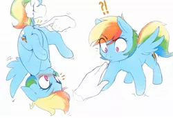 Size: 2048x1395 | Tagged: suggestive, artist:captainpudgemuffin, derpibooru import, rainbow dash, human, pegasus, pony, bad touch, blushing, butt boop, butt touch, chest fluff, covering, cute, dashabetes, disembodied hand, dock, exclamation point, eye clipping through hair, featureless crotch, female, floppy ears, hand, holding a pony, holding tail, human on pony action, interrobang, interspecies, mare, no pupils, personal space invasion, question mark, spread wings, tail, tail pull, underhoof, wings