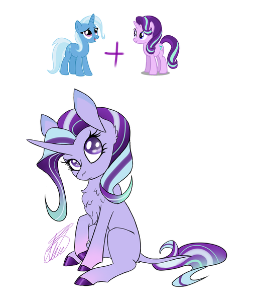 Size: 2100x2500 | Tagged: safe, artist:crystalcontemplator, derpibooru import, starlight glimmer, trixie, oc, pony, unicorn, female, leonine tail, lesbian, magical lesbian spawn, next generation, offspring, parent:starlight glimmer, parent:trixie, parents:startrix, shipping, simple background, startrix, white background