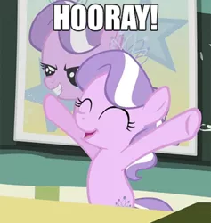 Size: 750x791 | Tagged: safe, derpibooru import, screencap, diamond tiara, earth pony, pony, ponyville confidential, caption, cute, diamondbetes, female, filly, happy, hooray, image macro, solo, talking to viewer, text