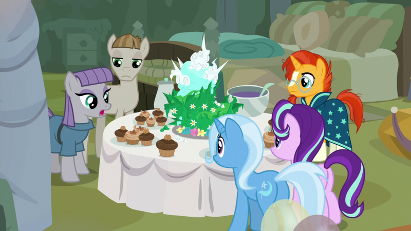 Size: 1920x1080 | Tagged: safe, derpibooru import, screencap, maud pie, mudbriar, starlight glimmer, sunburst, trixie, earth pony, pony, unicorn, student counsel, cake, cupcake, equinox cake, food, punch (drink), punch bowl