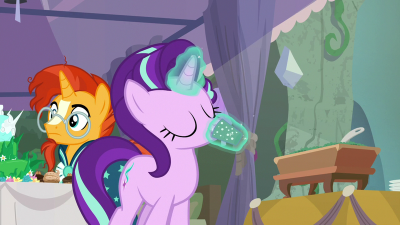 Size: 1280x720 | Tagged: safe, derpibooru import, screencap, starlight glimmer, sunburst, pony, student counsel, drinking