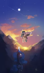 Size: 1078x1784 | Tagged: safe, artist:anticular, derpibooru import, princess celestia, princess luna, alicorn, pony, duo, female, flying, forest, glowing horn, horn, magic, mare, moon, mountain, scenery, siblings, sisters, sun