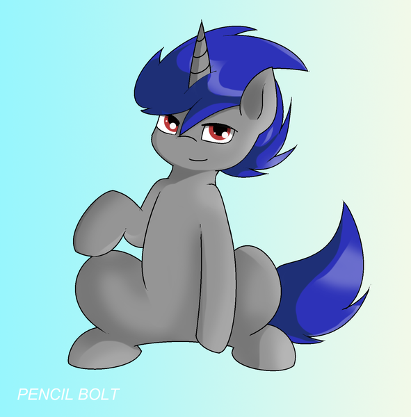 Size: 1644x1668 | Tagged: safe, artist:pencil bolt, derpibooru import, oc, oc:enigan, unofficial characters only, pony, unicorn, looking at you, male, raised hoof, request, sitting, solo, watermark