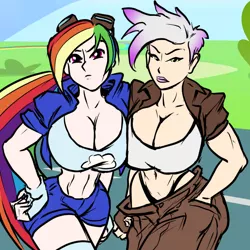 Size: 900x900 | Tagged: abs, artist:jonfreeman, belly button, big breasts, boob squish, breasts, busty gilda, busty rainbow dash, cleavage, clothes, colored, color edit, colorized, derpibooru import, edit, editor:renofox, female, fingerless gloves, gilda, gloves, goggles, hand on hip, human, humanized, jacket, looking at you, midriff, muscles, panties, rainbow dash, rippda, stupid sexy gilda, stupid sexy rainbow dash, suggestive, thong, underwear