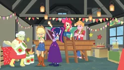 Size: 1362x768 | Tagged: safe, artist:starman1999, derpibooru import, edit, edited screencap, screencap, apple bloom, applejack, big macintosh, granny smith, sci-twi, twilight sparkle, equestria girls, clothes, converse, long skirt, shoes, skirt