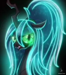 Size: 2532x2847 | Tagged: alternate hairstyle, alternate version, artist:zidanemina, black background, changeling, changeling queen, derpibooru import, female, glasses, looking at you, neon, neon colors, queen chrysalis, safe, simple background, solo, sparkly mane