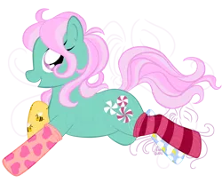 Size: 800x660 | Tagged: safe, artist:masqueadrift, derpibooru import, minty, pony, clothes, simple background, socks, solo, striped socks, transparent background