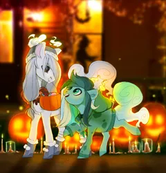 Size: 1144x1191 | Tagged: safe, artist:shady-bush, derpibooru import, oc, oc:eucalyptus, oc:misbeliever, unofficial characters only, original species, pony, scented pony, candle, female, halloween, holiday, male, mare, stallion, trick or treat