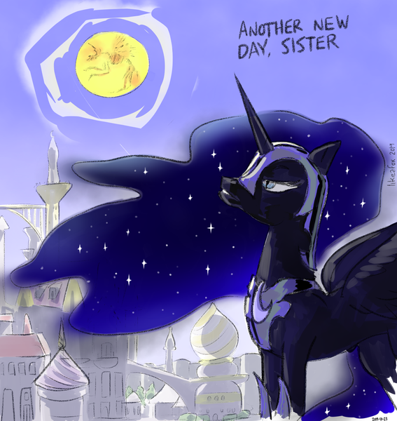 Size: 1870x1978 | Tagged: semi-grimdark, artist:likeafox, derpibooru import, nightmare moon, alicorn, pony, alternate timeline, bone, canterlot, canterlot castle, happy birthday mlp:fim, implied princess celestia, mare in the sun, mlp fim's ninth anniversary, nightmare takeover timeline, skeleton, solo