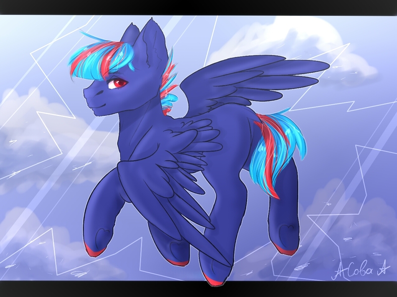 Size: 1250x938 | Tagged: safe, artist:ilona furry, derpibooru import, oc, oc:hellfire, pegasus, pony, blue fur, cloud, colt, flying, foal, male, red eyes, sky, wings