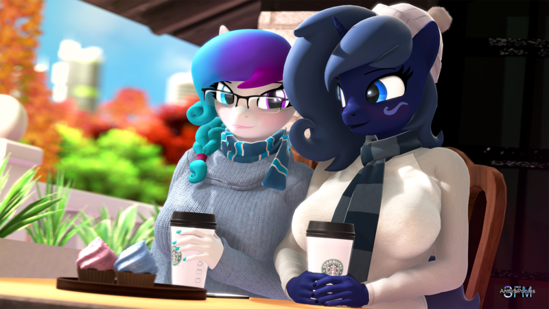 Size: 1920x1080 | Tagged: safe, artist:anthroponiessfm, derpibooru import, oc, oc:aurora starling, oc:midnight music, unofficial characters only, anthro, earth pony, unicorn, 3d, anthro oc, autumn, beanie, blurred background, blushing, clothes, coffee, cupcake, cute, daaaaaaaaaaaw, duo, explicit source, female, food, glasses, hat, heterochromia, looking at each other, mare, scarf, signature, source filmmaker, starbucks, sweater