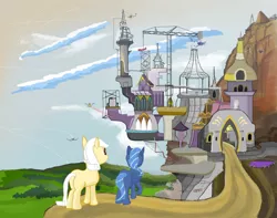 Size: 2532x2000 | Tagged: safe, artist:firefoxd, derpibooru import, oc, oc:deca mare, unofficial characters only, earth pony, pegasus, pony, canterlot, canterlot castle, construction, drone, happy birthday mlp:fim, mlp fim's ninth anniversary, new canterlot