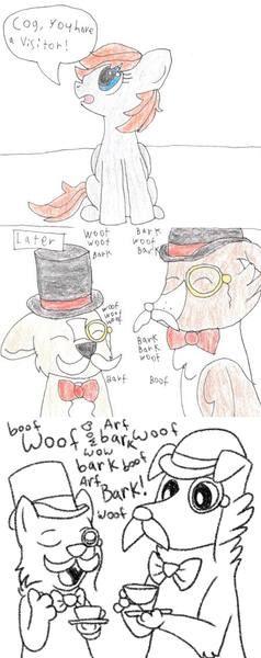 Size: 450x1133 | Tagged: artist:ask-dynamosparks, artist:askwinonadog, ask winona, bowler hat, bowtie, collaboration, corgi, cup, derpibooru import, dog, facial hair, fake moustache, female, hat, mare, mixed media, monocle, moustache, oc, oc:dynamo sparks, pegasus, pet oc, safe, teacup, top hat, traditional art, winona