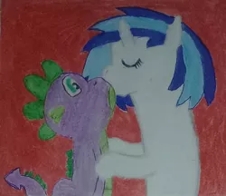 Size: 1157x1000 | Tagged: safe, deleted from derpibooru, derpibooru import, spike, vinyl scratch, dragon, pony, unicorn, female, kissing, male, mare, shipping, straight, traditional art, vinylspike