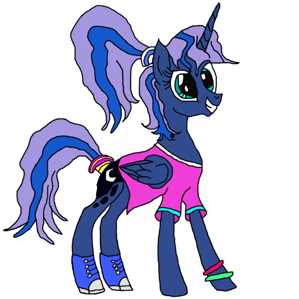 Size: 3000x3000 | Tagged: safe, artist:icey-wicey-1517, artist:killspamers, color edit, derpibooru import, edit, princess luna, alicorn, pony, 80s, 80s princess luna, alternate hairstyle, boots, clothes, colored, converse, female, grin, mare, ponytail, shirt, shoes, simple background, smiling, solo, t-shirt, tail wrap, transparent background, wristband