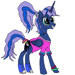 Size: 3000x3000 | Tagged: safe, artist:icey-wicey-1517, artist:killspamers, color edit, derpibooru import, edit, princess luna, alicorn, pony, 80s, 80s princess luna, alternate hairstyle, boots, clothes, colored, converse, female, grin, mare, ponytail, shirt, shoes, simple background, smiling, solo, t-shirt, tail wrap, transparent background, wristband