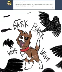 Size: 800x928 | Tagged: artist:askwinonadog, ask, ask winona, barking, bird, crow, derpibooru import, dog, fangs, female, glare, murder of crows, open mouth, safe, simple background, smiling, smirk, tumblr, white background, winona, woof