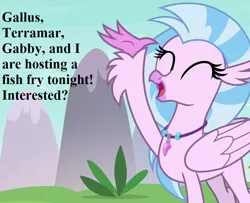 Size: 784x638 | Tagged: bronybait, cropped, cute, derpibooru import, diastreamies, edit, edited screencap, hippogriff, implied gabby, implied gallus, implied terramar, jewelry, necklace, non-compete clause, safe, screencap, silverstream, solo, speech, talking