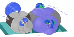 Size: 6000x3000 | Tagged: suggestive, artist:epicenehs, derpibooru import, oc, oc:faithful bond, oc:felicity stars, unofficial characters only, pegasus, pony, unicorn, belly, big belly, broken horn, butt, chubby, chubby cheeks, clothes, dialogue, dock, duo, duo female, fat, female, horn, huge belly, huge butt, impossibly large belly, impossibly large butt, large butt, laying on stomach, mare, obese, onomatopoeia, pants, plot, ripped pants, ripping clothes, simple background, the ass was fat, wardrobe malfunction, white background, yoga, yoga mat, yoga pants, yoga pose